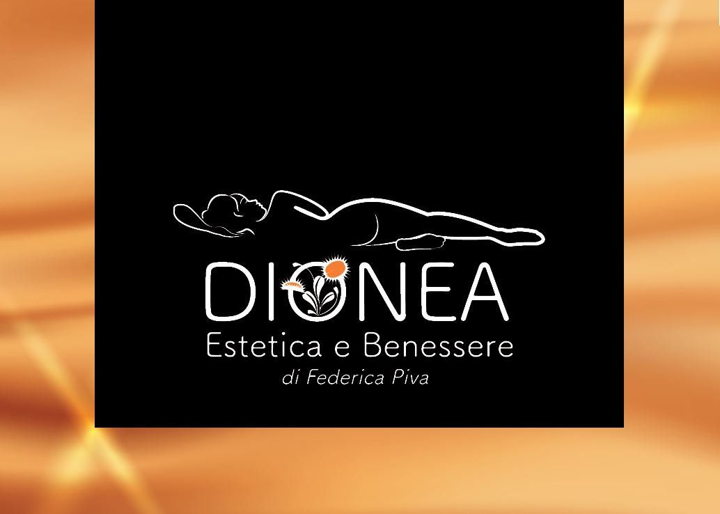 Logo per Dionea, Estetica e Benessere; sfondo nero con contorno bianco di una persona e testo.