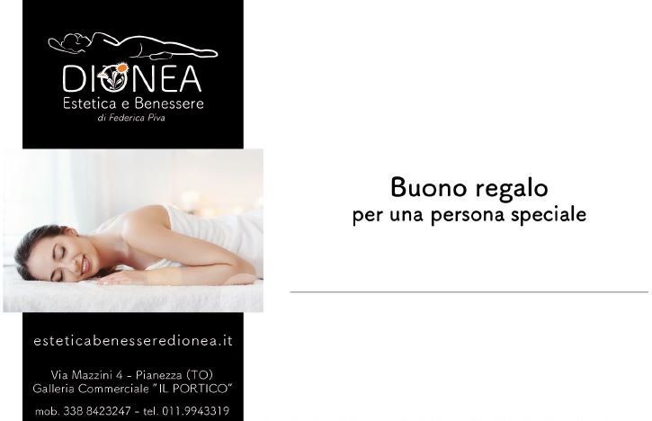 Buono regalo per Dionea Estetica e Benessere. Donna che si rilassa; include logo, indirizzo e testo in italiano.