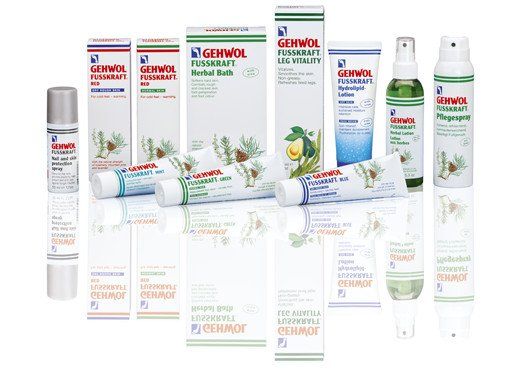 Prodotti per la cura dei piedi Genwol: vari tubetti, flaconi e scatole, per lo più bianchi con accenti verdi e blu, disposti su una superficie bianca.