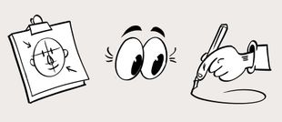 Cartoon clipboard, pair of eyes, and hand writing with pencil on white background