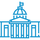 A blue line drawing of a building with a dome and a flag on top.