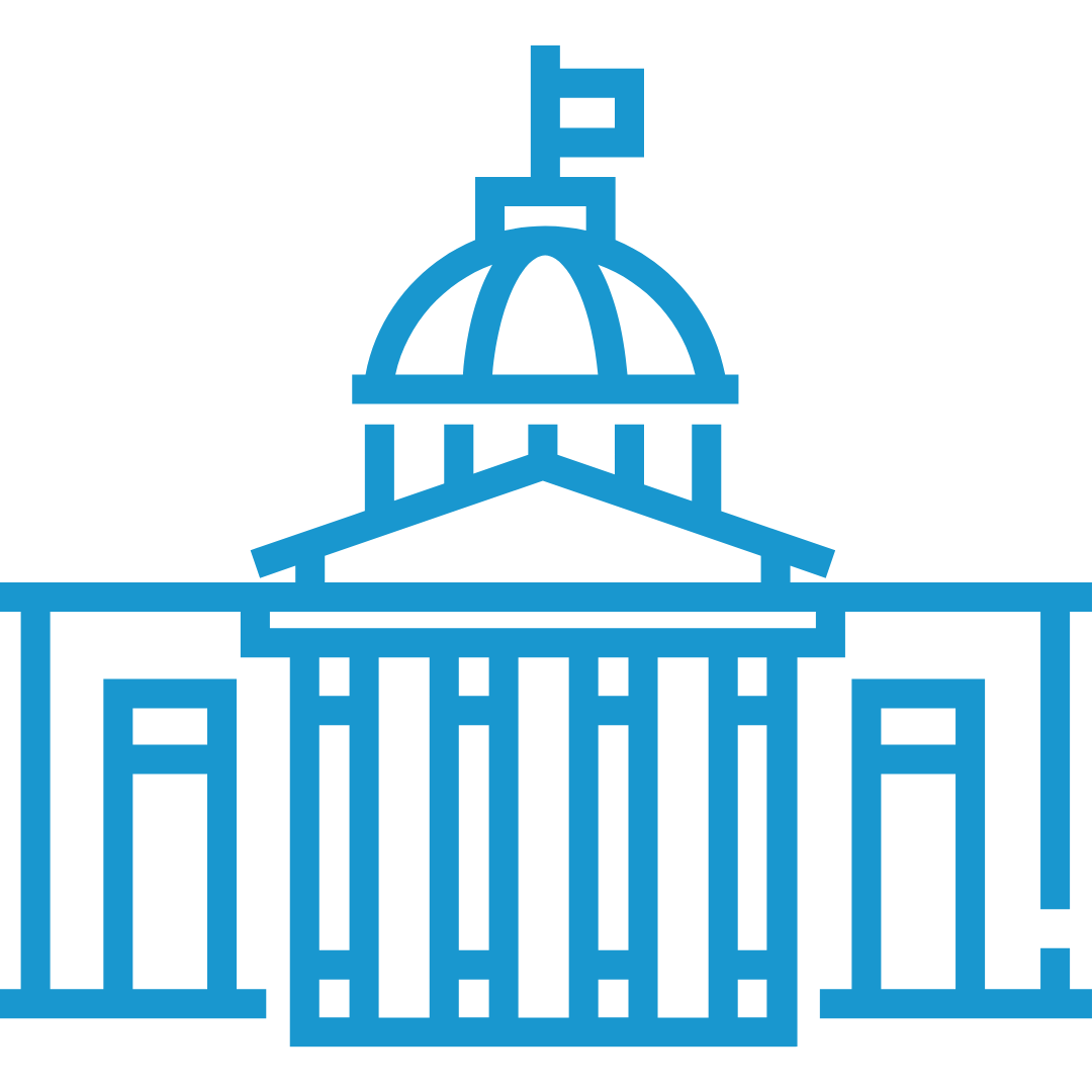 A blue line drawing of a building with a dome and a flag on top.