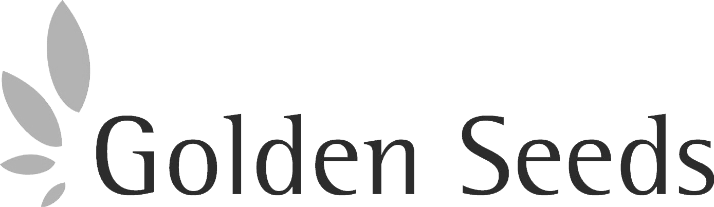 The Golden Seeds logo featuring a graphic of four gray leaves to the left of the text