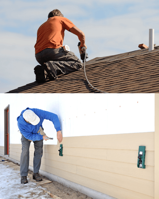 Worker installing shingle on a roof and siding on a residential home