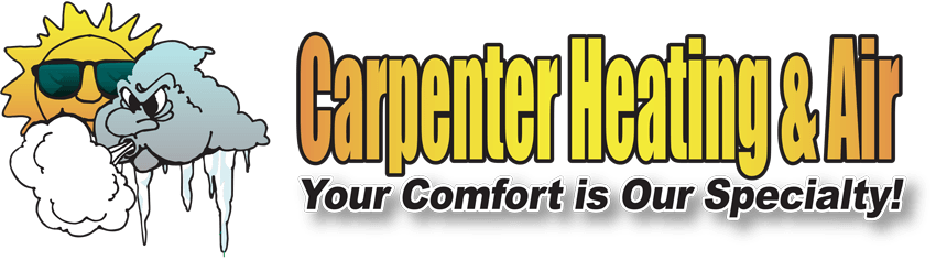 Carpenter Heating & Air logo: sun and cloud with sunglasses, text 