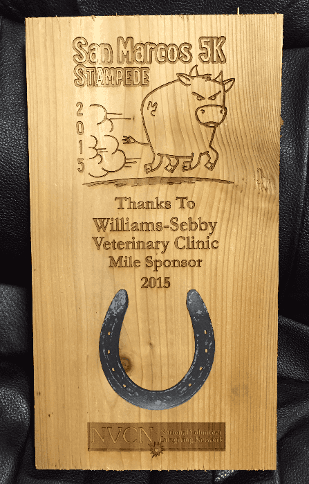 7x14 custom cedar plaque with laser engraving for non-profit race sponsor - horseshoe made from 2-color acrylic material