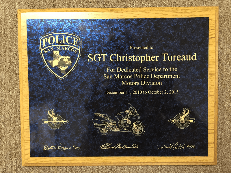 12x15 plaque with custom laser engraved motorcycle and patch artwork
