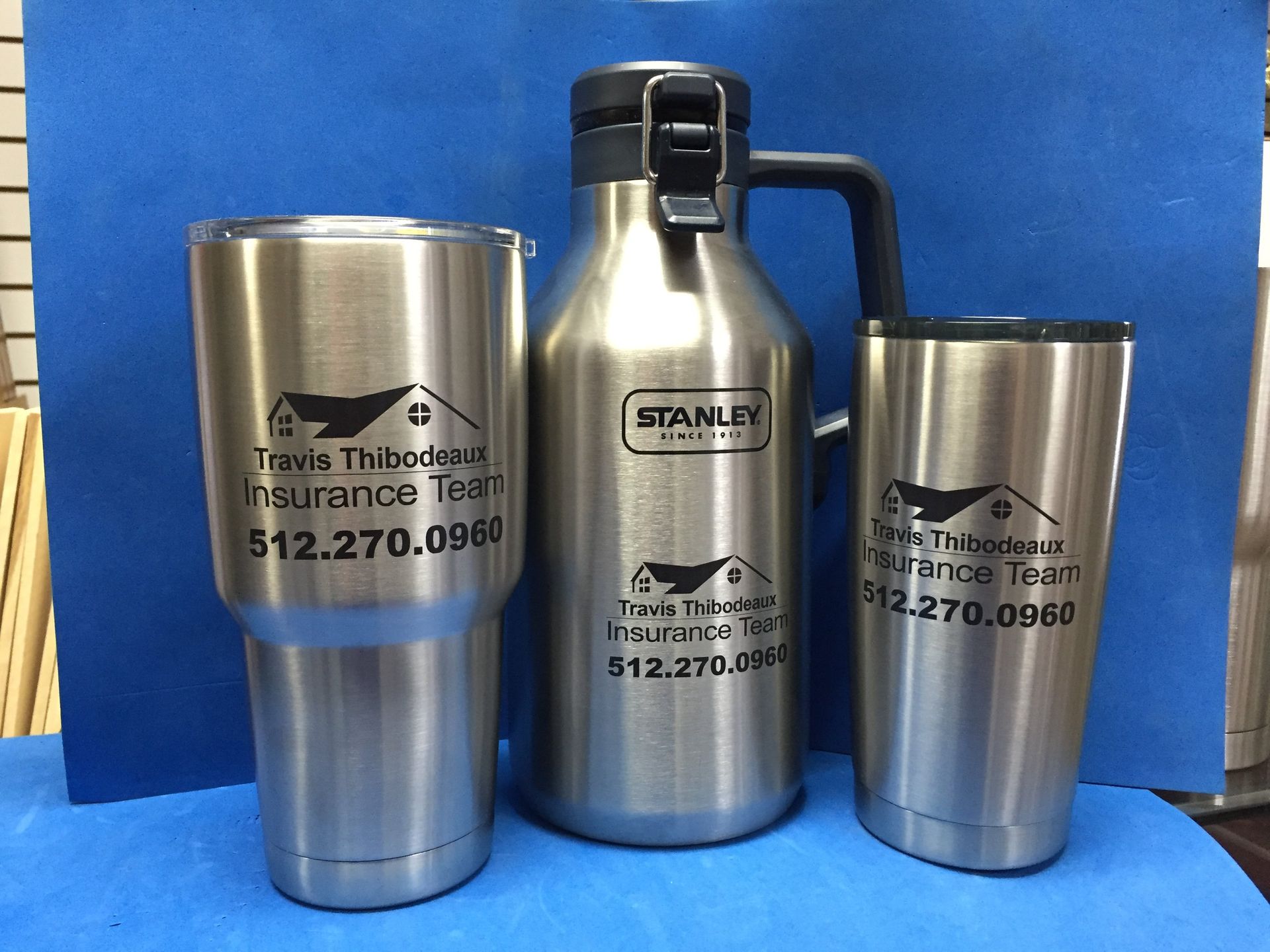 company logo laser etched on stainless drinkware mug tumbler growler