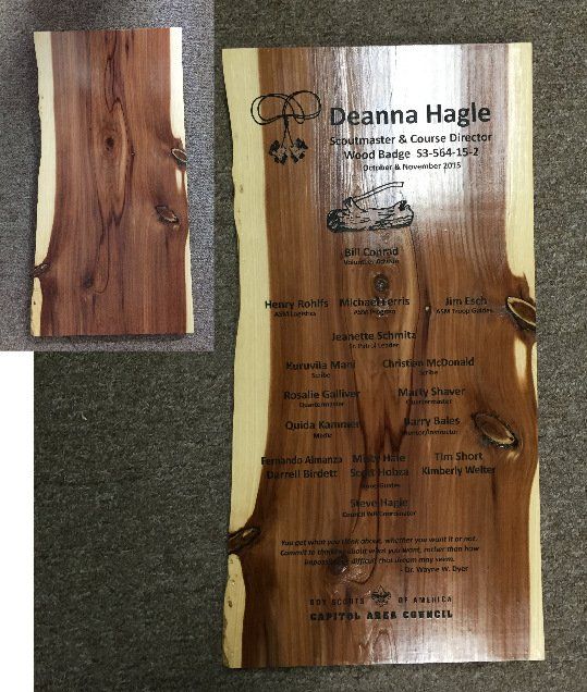 custom cedar plaque with laser engraved and painted letters