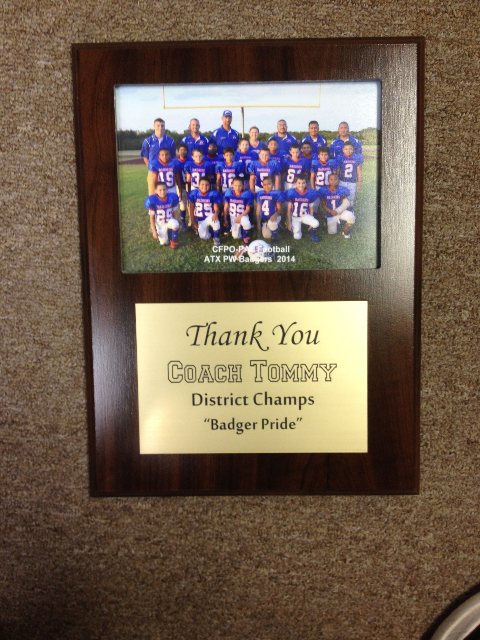 9x12 photo plaque with laser engraved plate for football coach appreciation