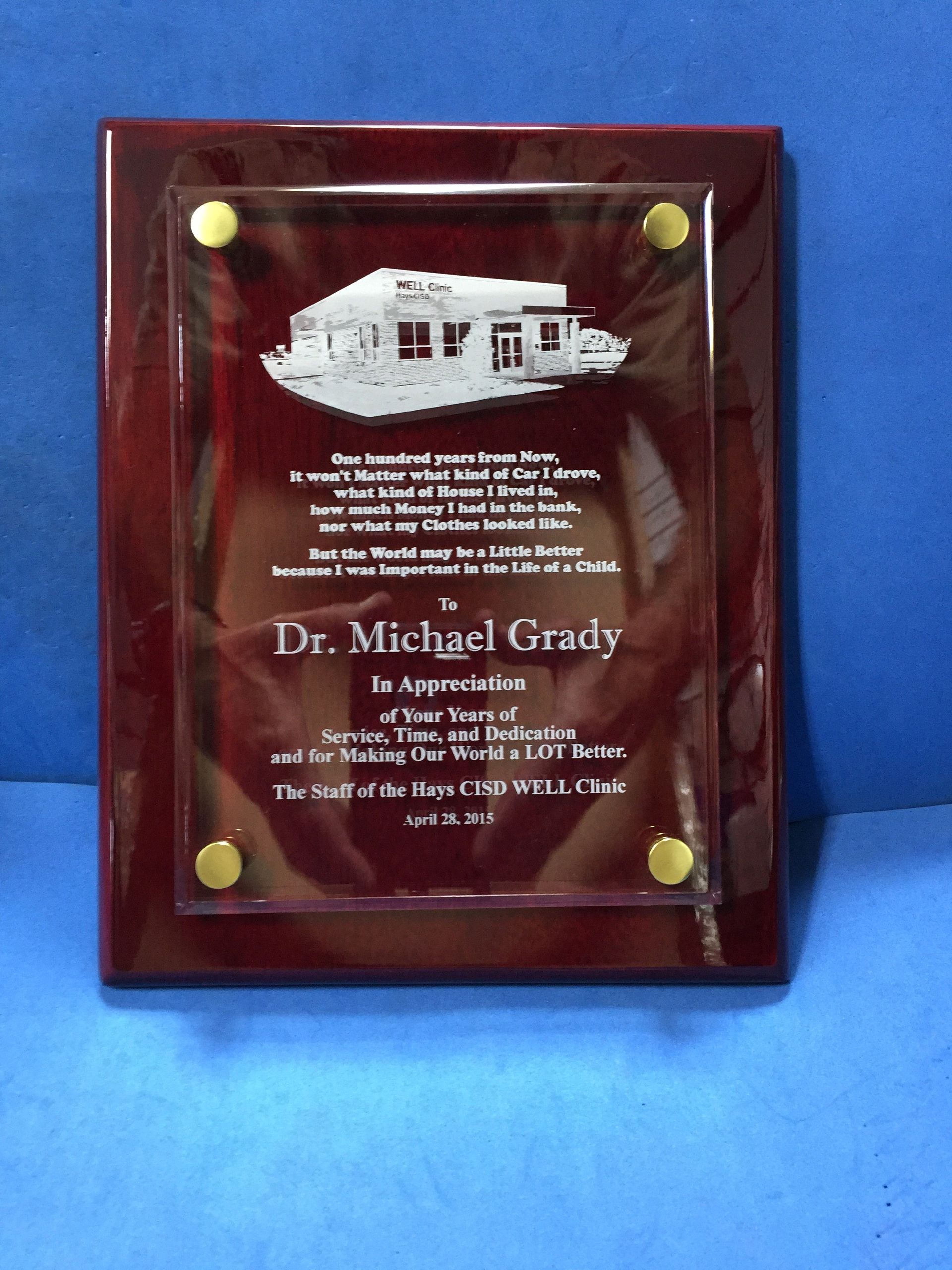 8x10 rosewood plaque with laser engraved floating acrylic panel Hays CISD award