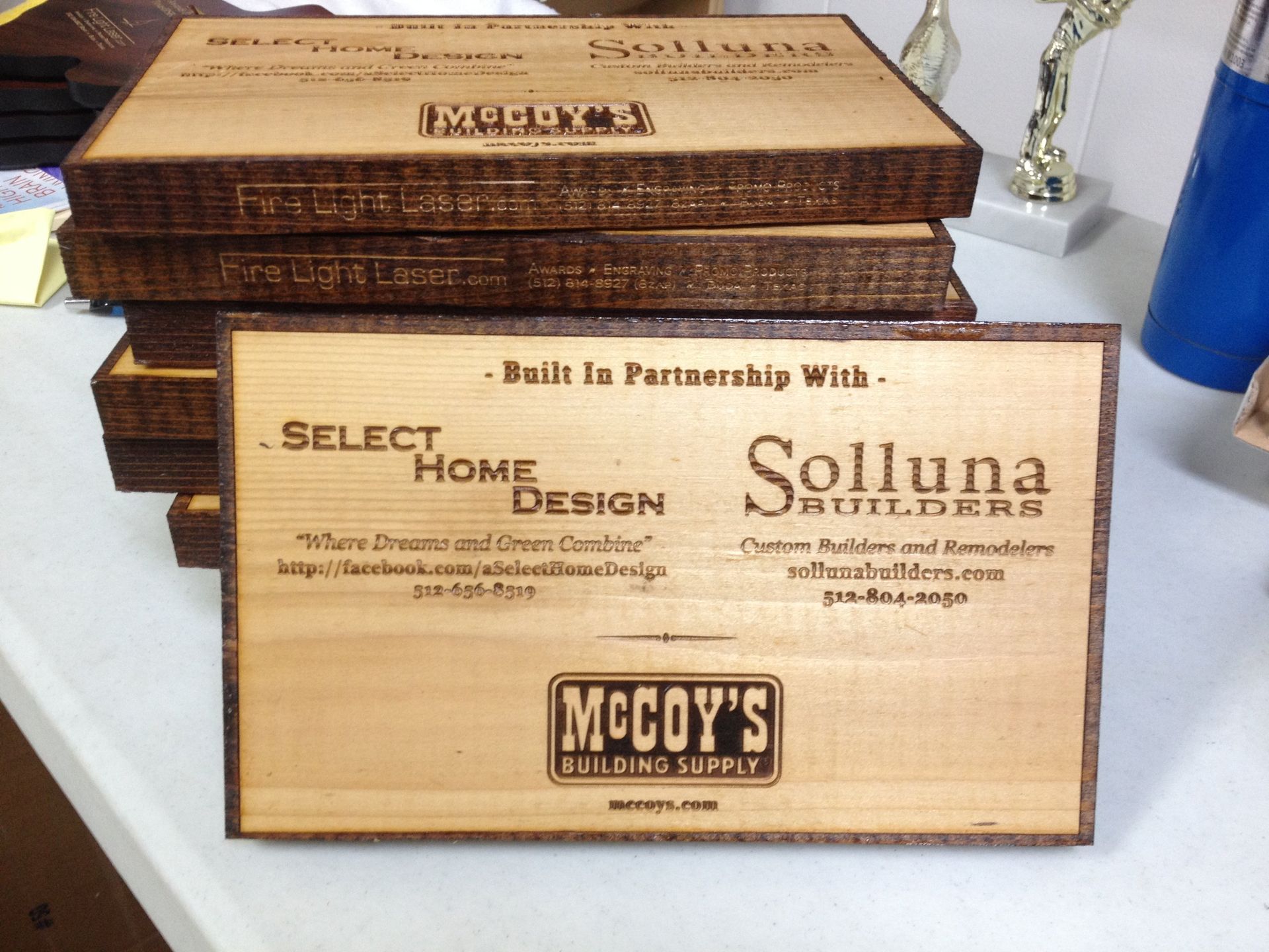 7x12 custom cedar wood plaque with laser engraving for non-profit sponsor award McCoys Building