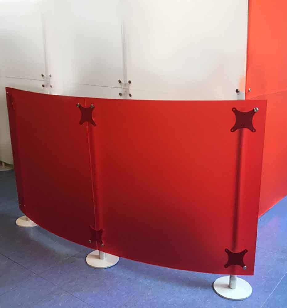 low curved desk partition in red color