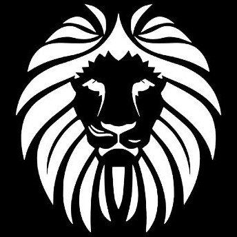 a black and white lion head with a beard on a black background .