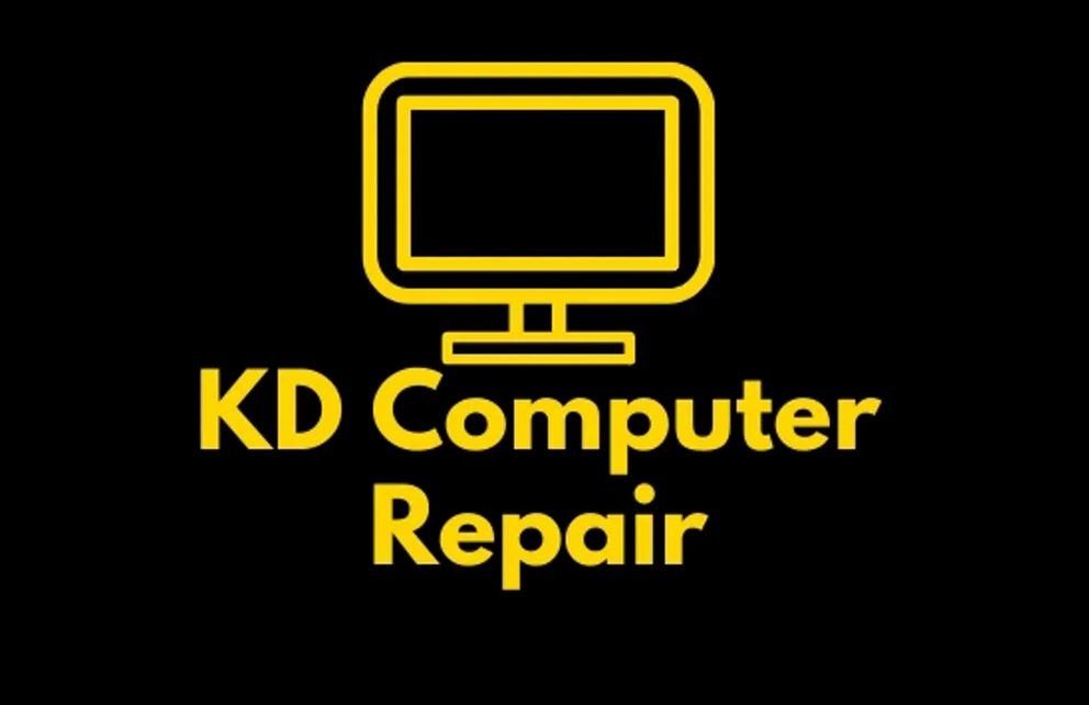 a yellow logo for kd computer repair with a computer monitor on a black background .