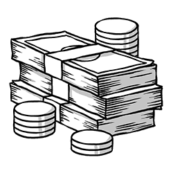 a black and white drawing of a stack of money and coins .