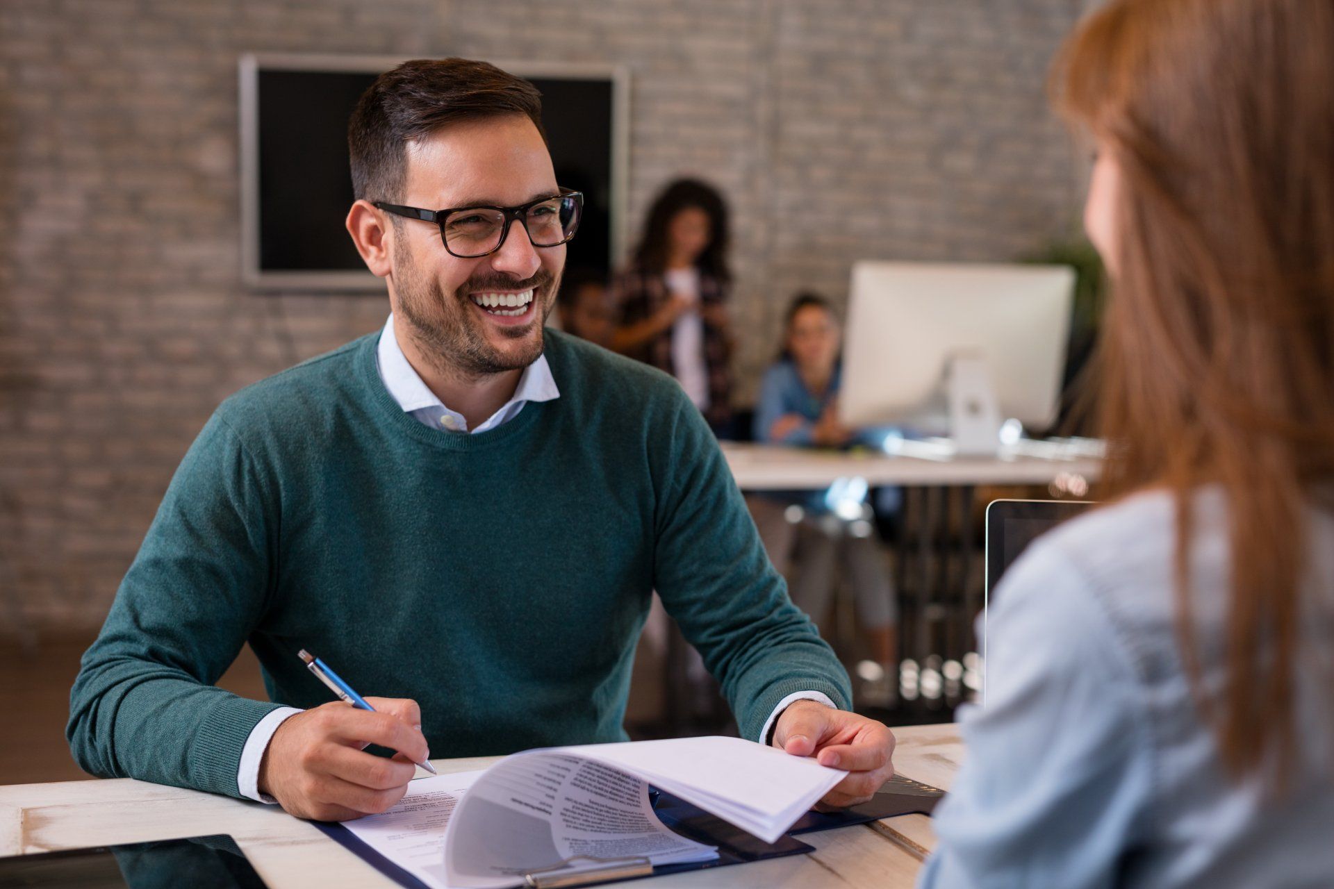 Job interview, businessman listen to candidate answers