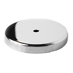 A chrome plate with a hole in the middle on a white background.
