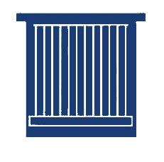 A blue icon of a fence with white bars on a white background.