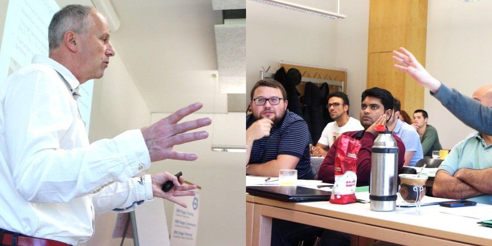 Class with  head instructor Michael Koettner (IBBK CEO) giving a lecture about sediments in digesters. –  Participants asking questions.