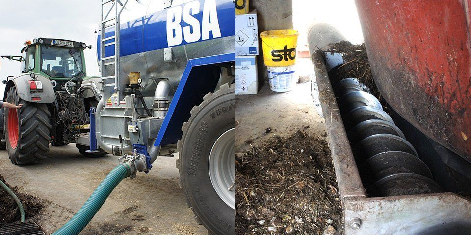The liquid manure is pumped from the lorry car into the storage tank. – The new substrate is getting mixed and fed into the digester.