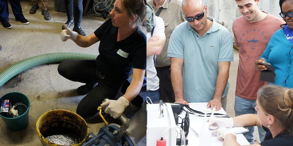 Expert instructor Birgit Pfeifer takes a sample of the digestate for testing. – Running the FOS/TAC test.