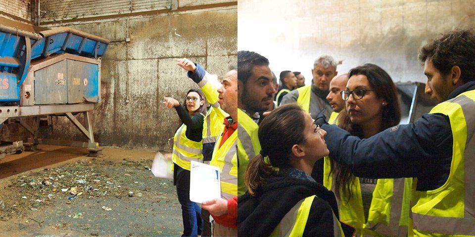 The plant operator explains the bio-waste pretreatment, biogas plant in Backnang-Neuschöntal. – Participants sharing opinions.