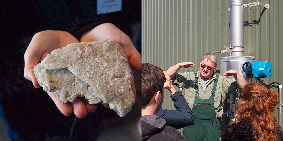 Crystallised ammonium sulphate fertiliser obtained from the digestate liquids. – Plant owner explains the feeding of the digester.