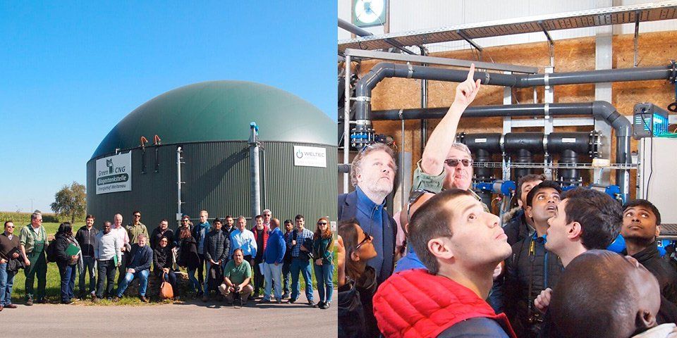Group in front of the biogas plant Energiehof Weitenau. – Plant owner explains the obtaining of a crystallised fertiliser from liquid digestate.