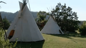 A couple of tepees sitting on top of a lush green field.