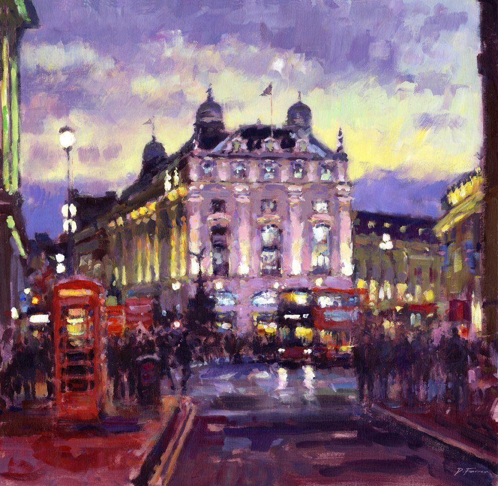 oil painting of the Piccadilly Cicus , London in the evening by David Farren