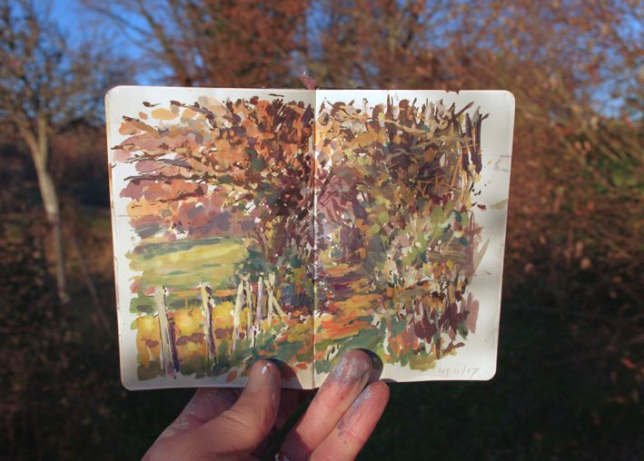 gouache landscape painting in a sketchbook by David Farren