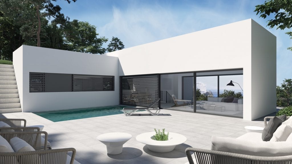 Casa blanca moderna con grandes puertas de cristal y zona de estar en el patio junto a la piscina.