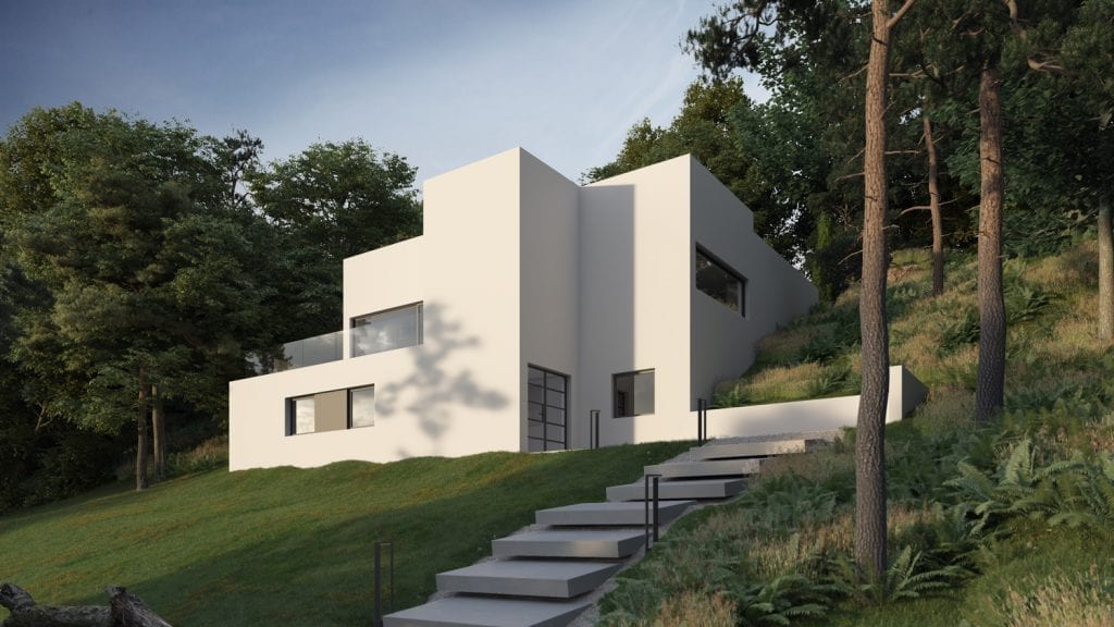Casa blanca moderna en una ladera boscosa con escalones que suben por la pendiente.