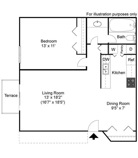One bedroom, one bath, 730-800 square feet