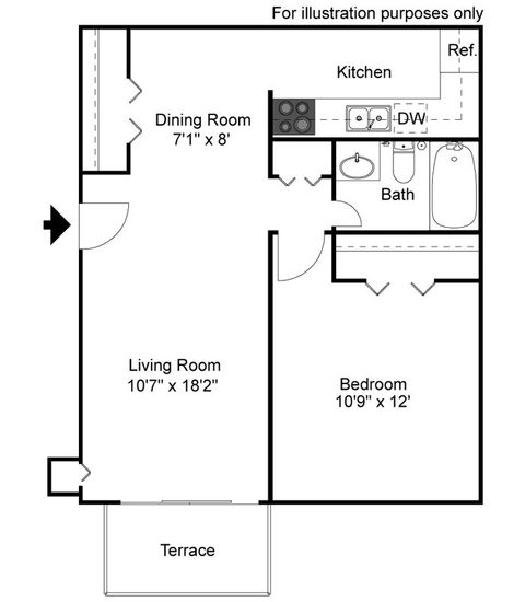 One bedroom, one bath, 650 square feet
