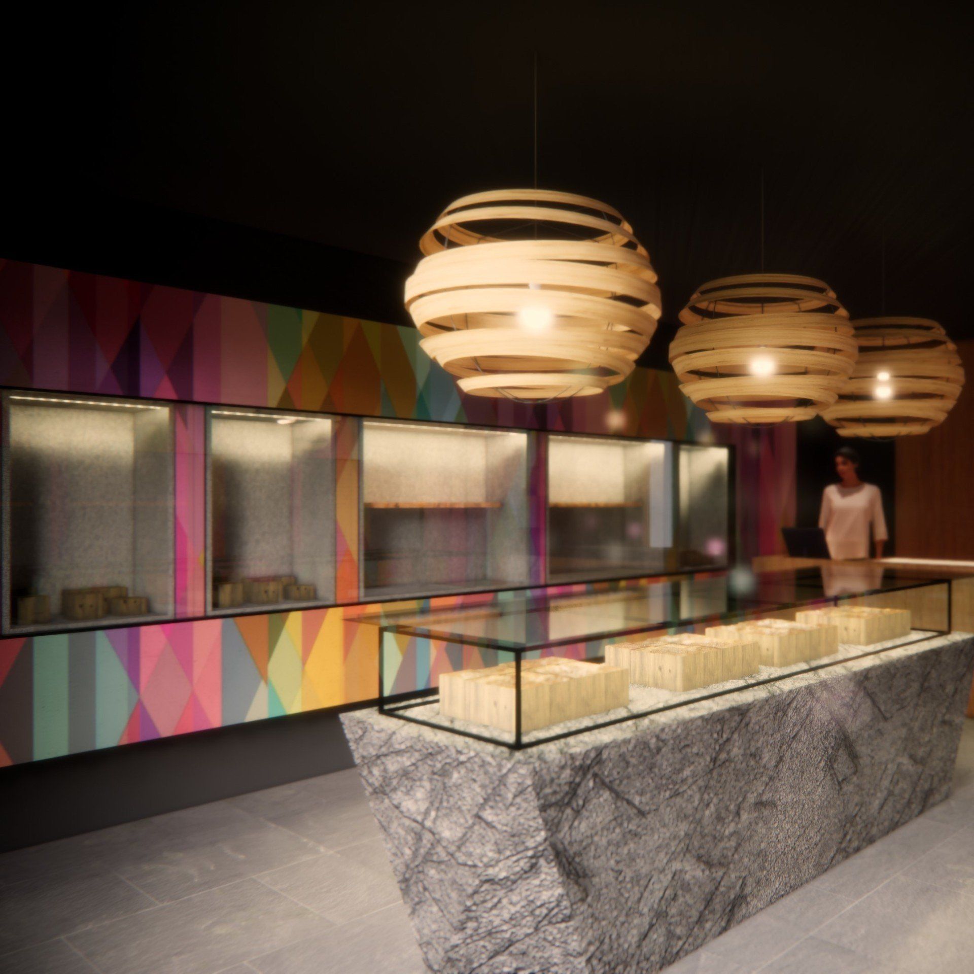 Impresión artística de una panadería con una pared colorida.