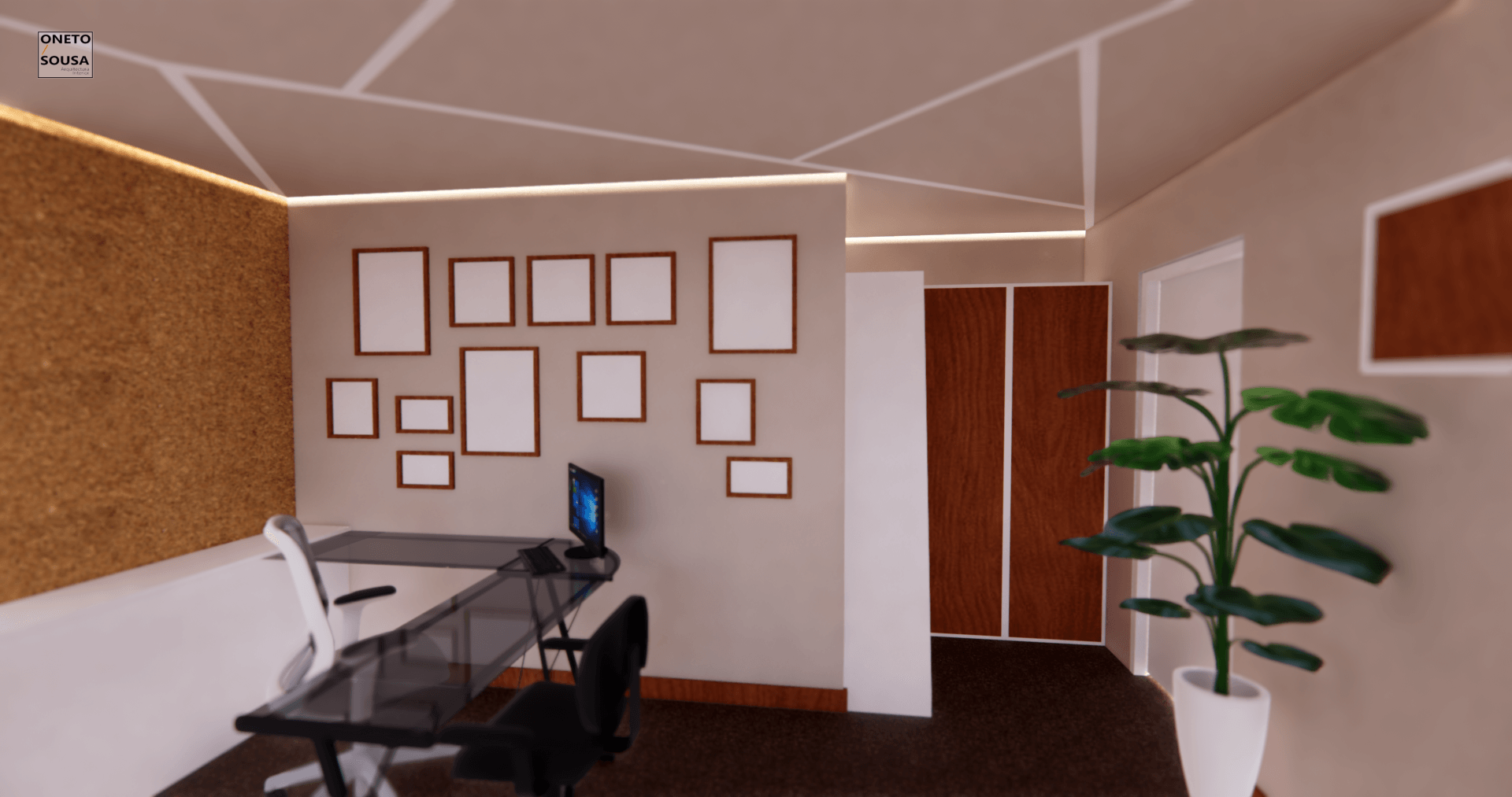 Una habitación con un escritorio, una silla, una computadora y una planta.