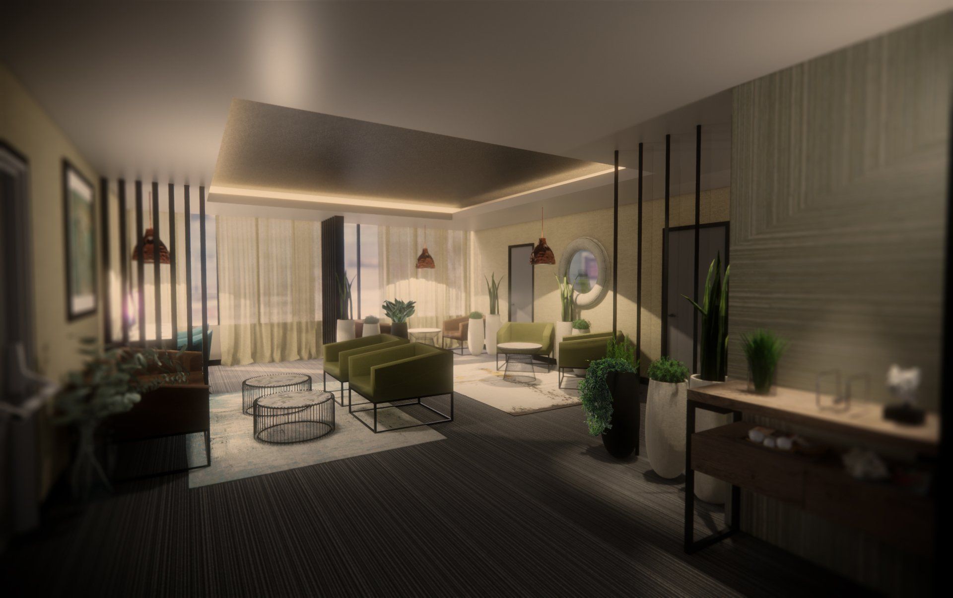 Una impresión artística de una sala de estar con muebles y un sofá.