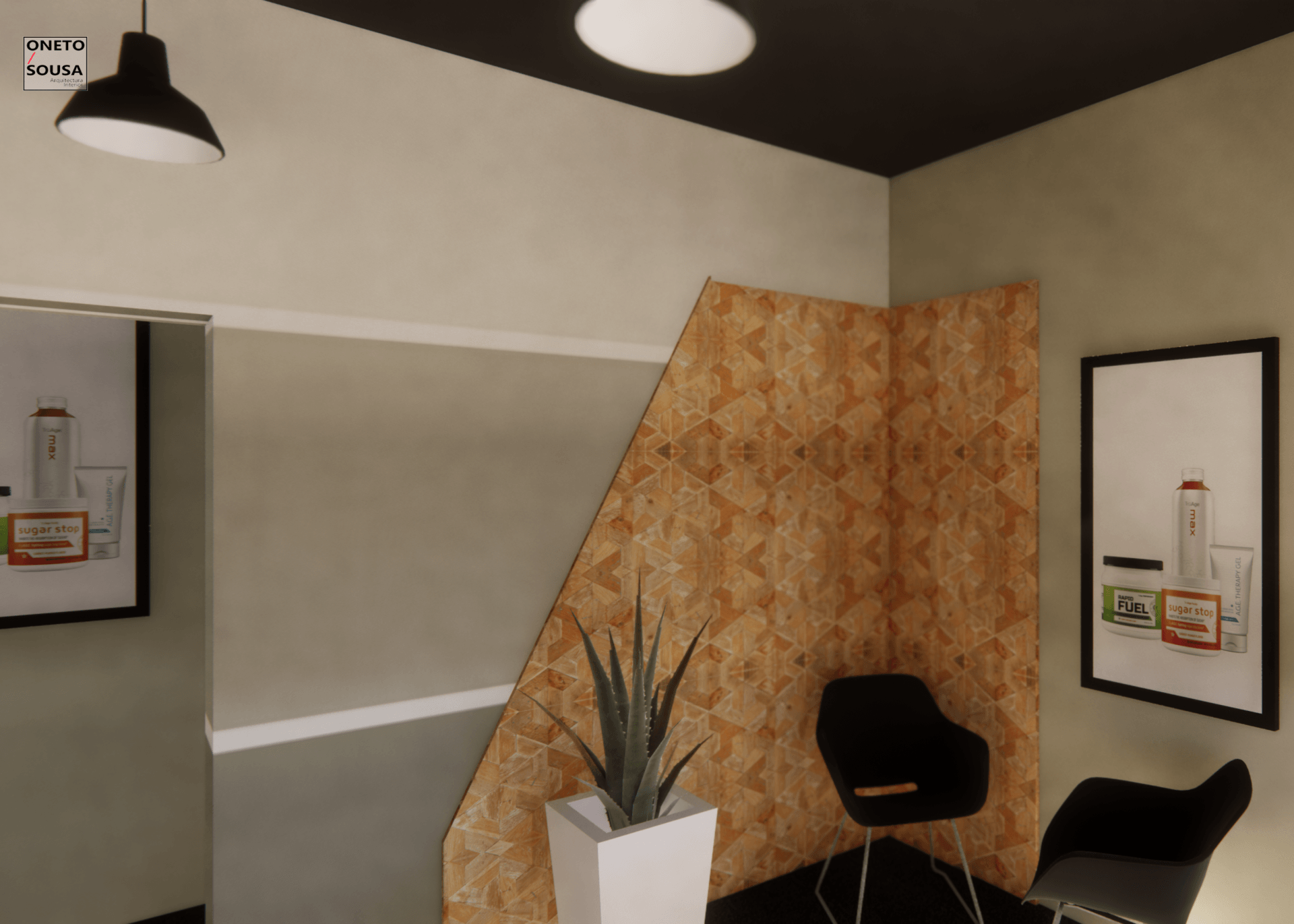 Una sala de espera con una silla y una planta en maceta.