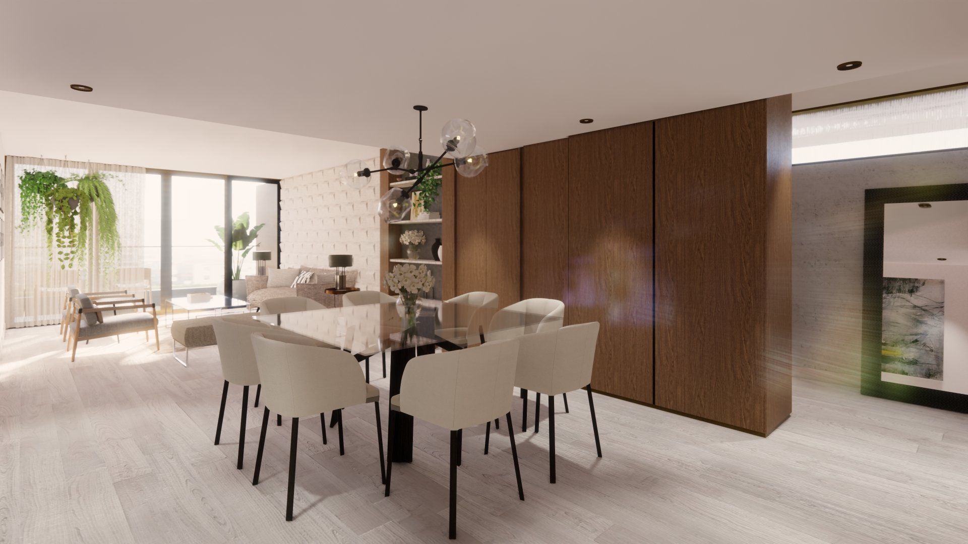 Impresión artística de un comedor con mesa y sillas.