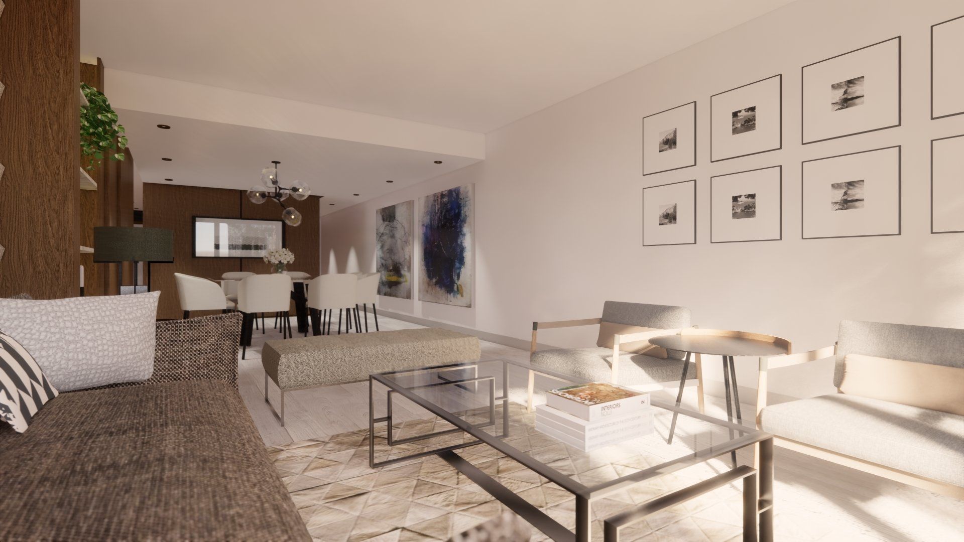 Una sala de estar con un sofá, sillas, una mesa de café y un comedor al fondo.