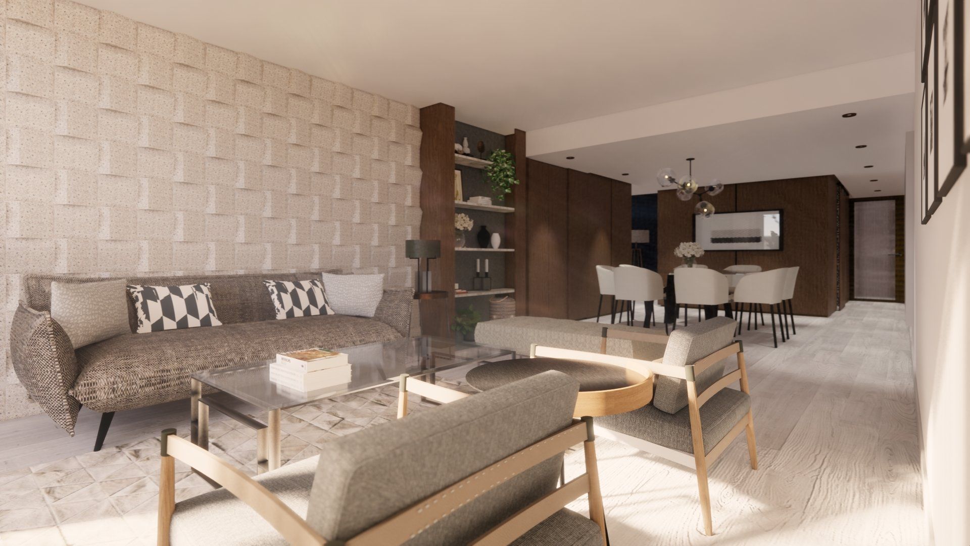 Una sala de estar con un sofá, sillas y una mesa de café.