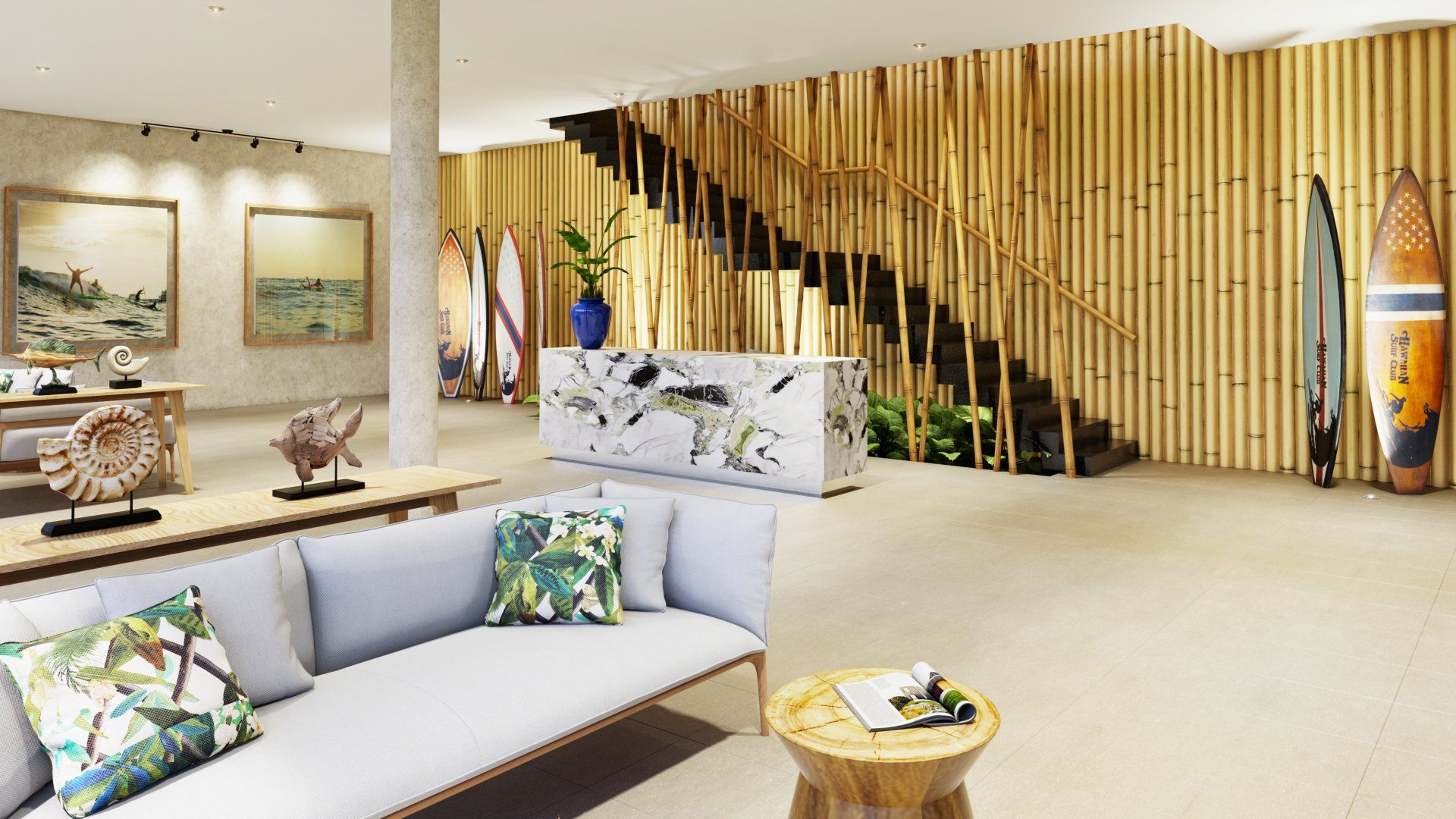 Una sala de estar con sofá, mesa y escaleras.