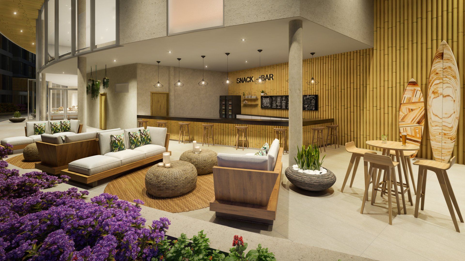 Impresión artística de una sala de estar con muebles y un bar.
