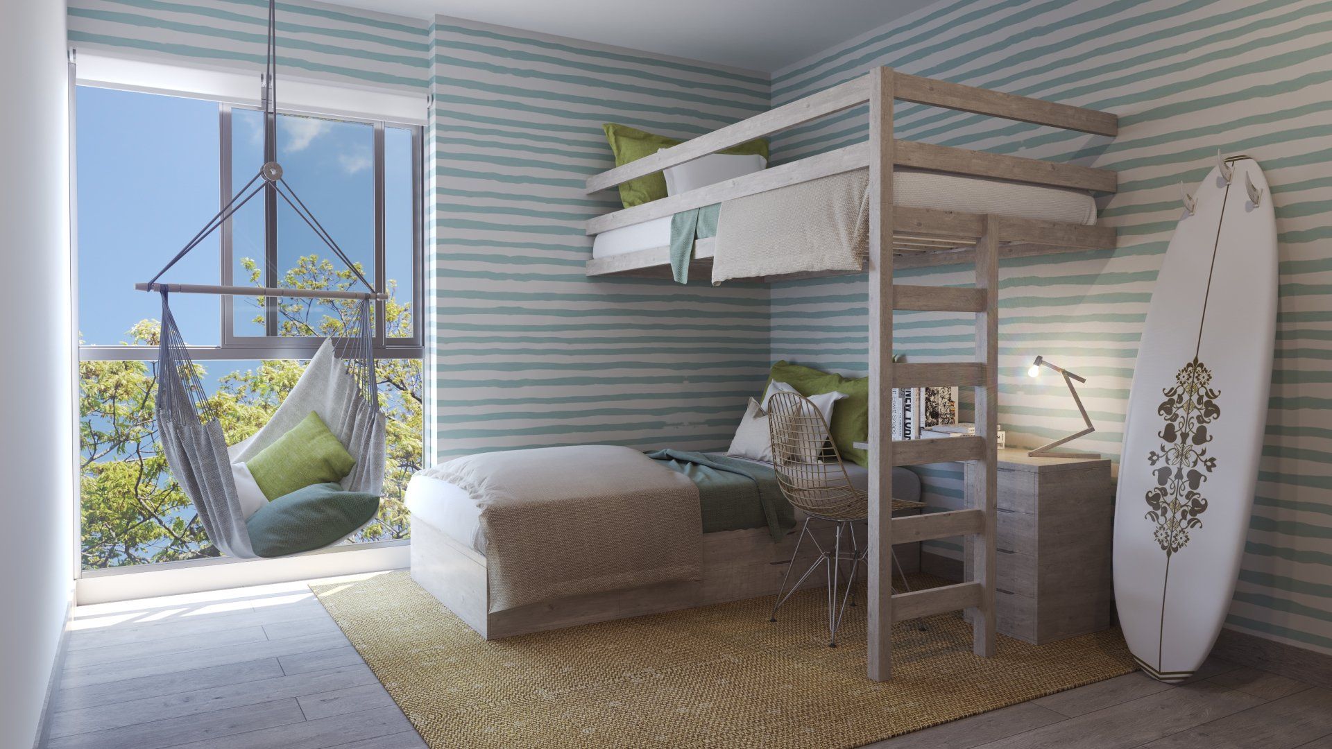 Un dormitorio con litera, hamaca y tabla de surf.
