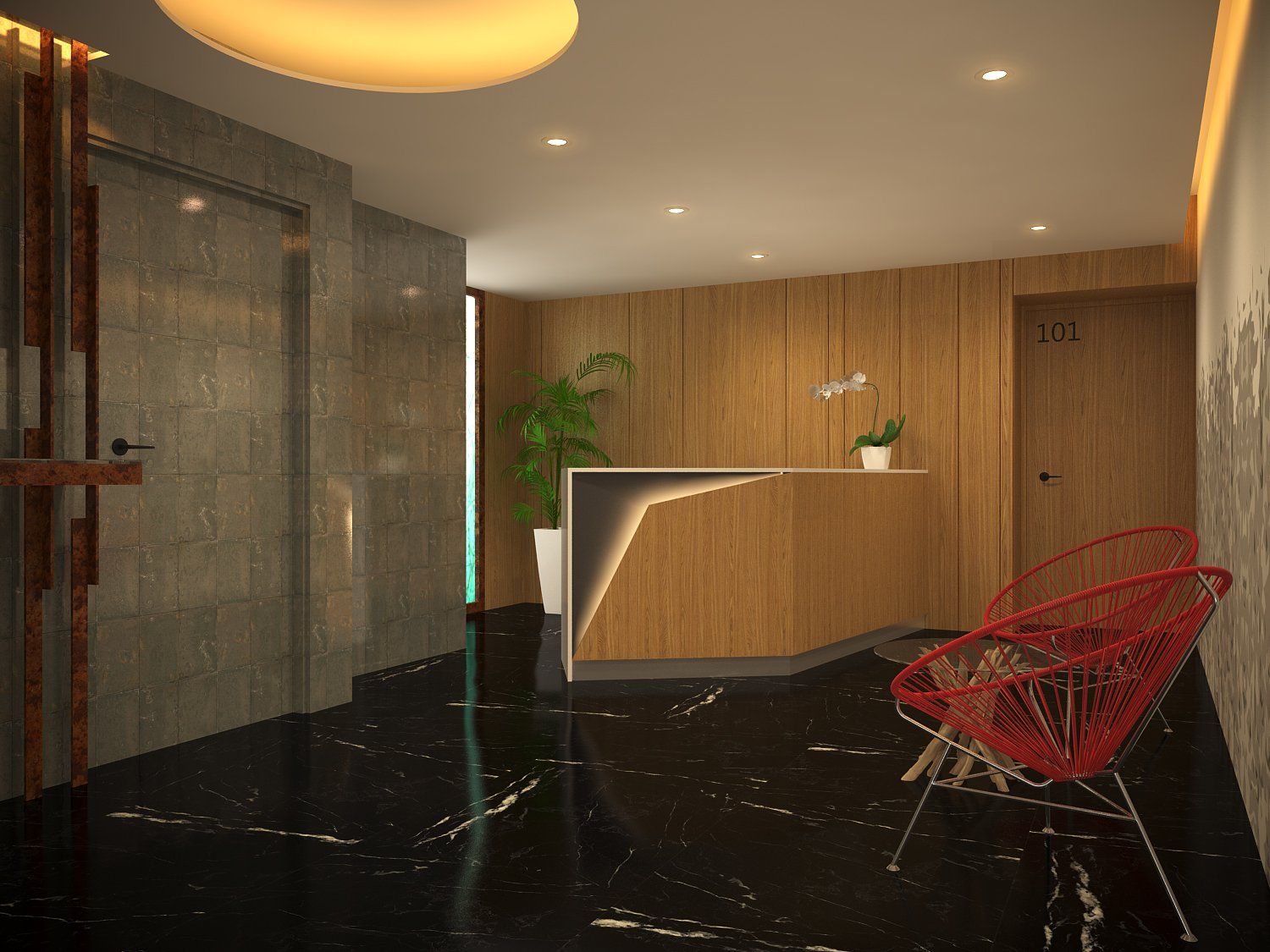 Un área de recepción con un mostrador de madera y una silla roja.