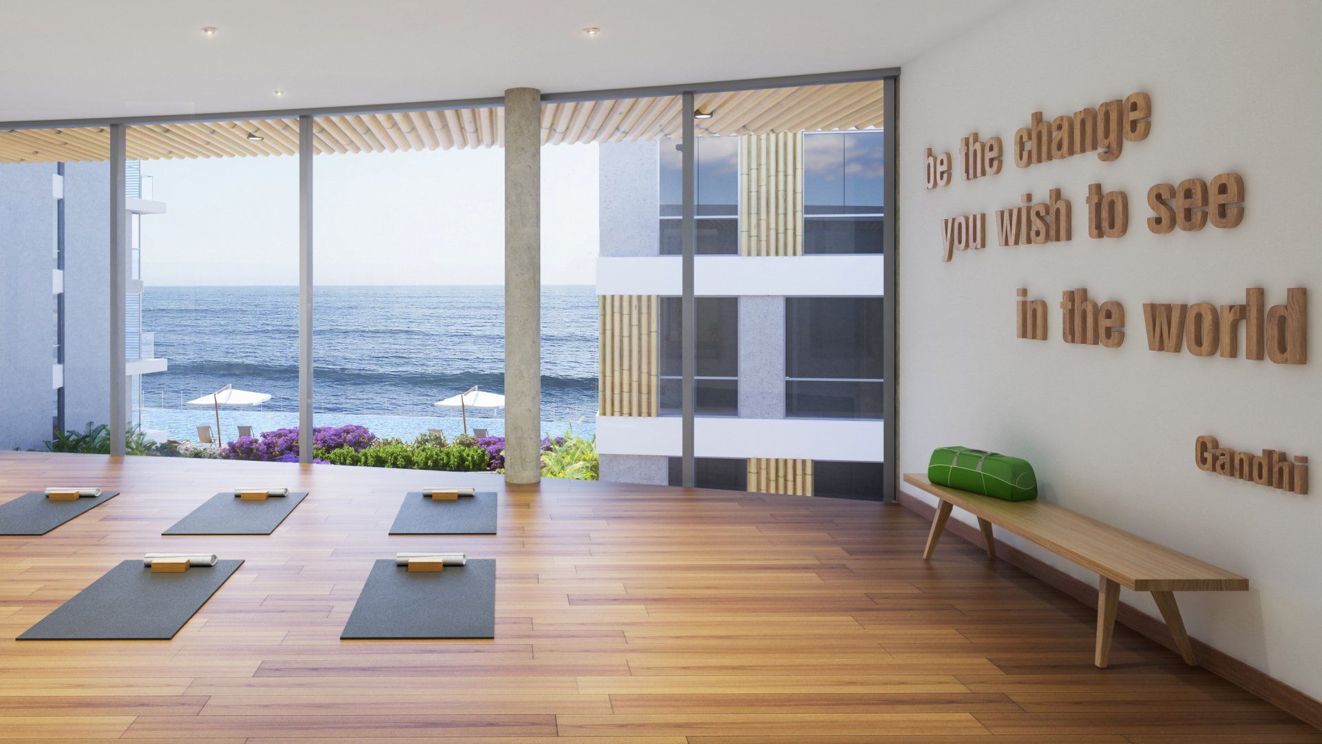 Un estudio de yoga con una cita en la pared que dice: 