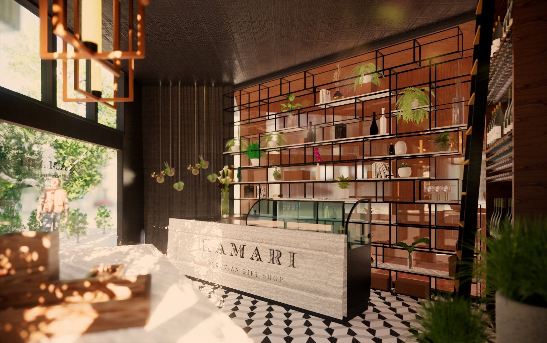 Impresión artística del interior de un restaurante llamado Amari.