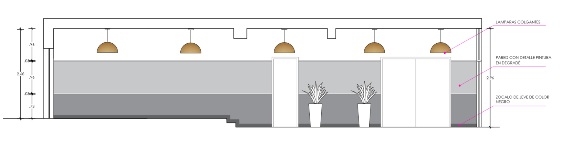 Un dibujo de una habitación con una escalera y lámparas colgando del techo.